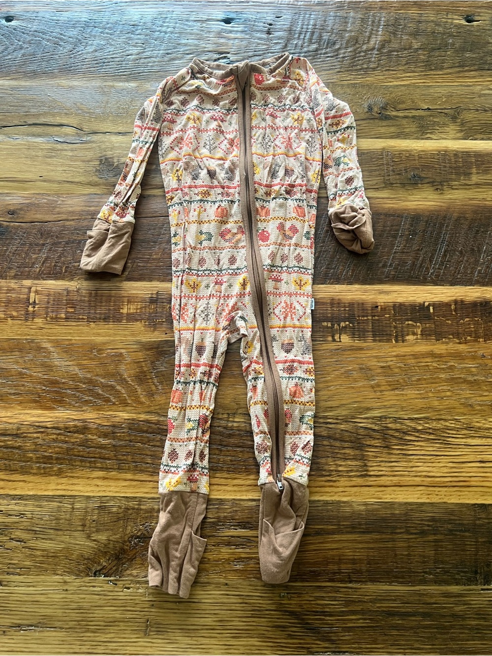 Little Sleepies Cream and Tan Woodland Pattern Zipper Footed Pajamas